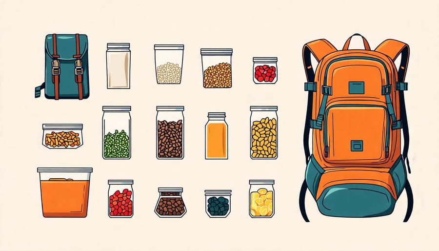 Different freeze dried candies stored neatly in a hiking backpack