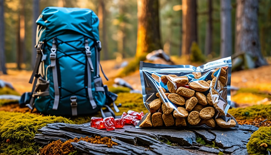 A lightweight package of freeze dried candy beside hiking essentials