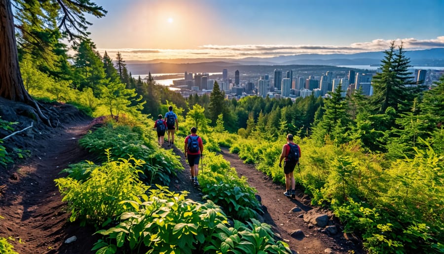 Hikers on a New Westminster trail savoring freeze dried candy with a scenic view in the background