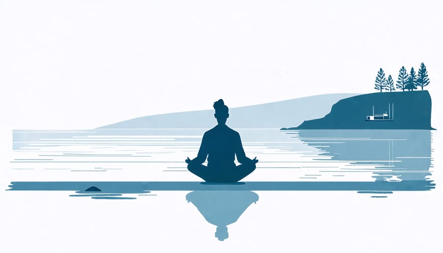 Individual sitting by a calm waterfront, promoting relaxation and mindfulness